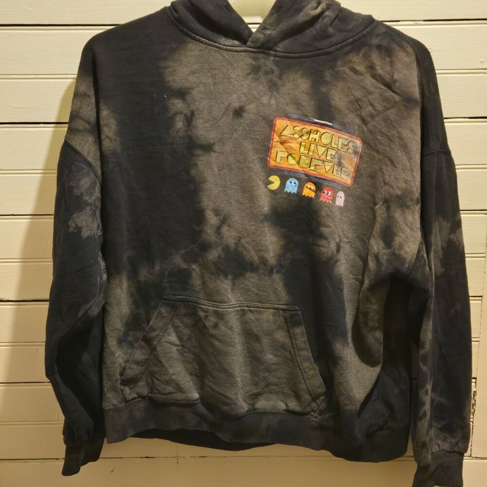 Assholes Live Forever Hoodie Mens XL Tie Dye Black Graphic Pac-Man Sweatshirt